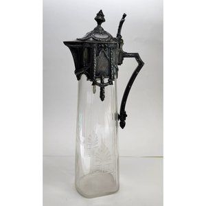 Etched Glass Crystal Wine Pitcher Silver Topped Ewers Carafe Art Nouveau CT403